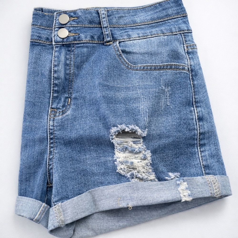 Women’s Blue Distressed Denim Jean Shorts Size M Stretch Cuffed Casual Summer - Picture 5 of 6